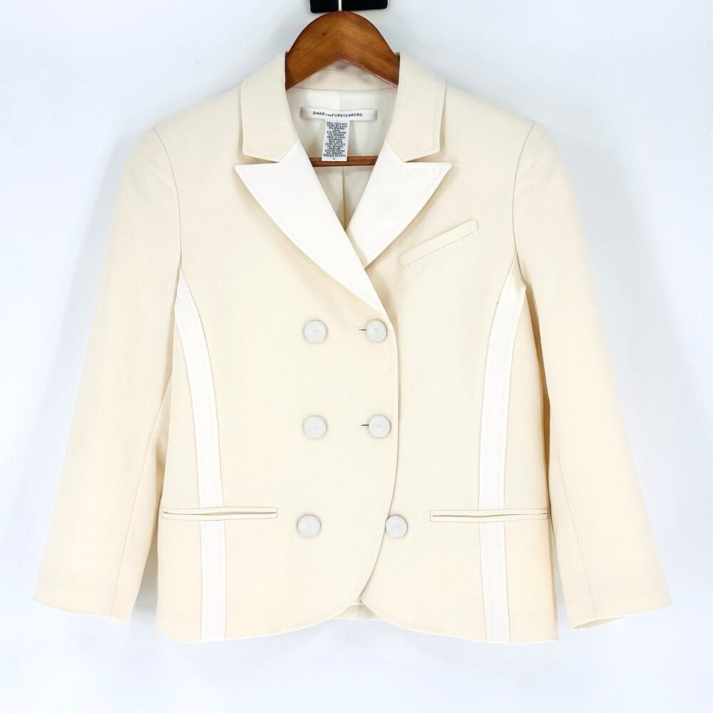 Diane Von Furstenberg Jacket Size 6 Blazer Cream Double Breasted Pick Stitching